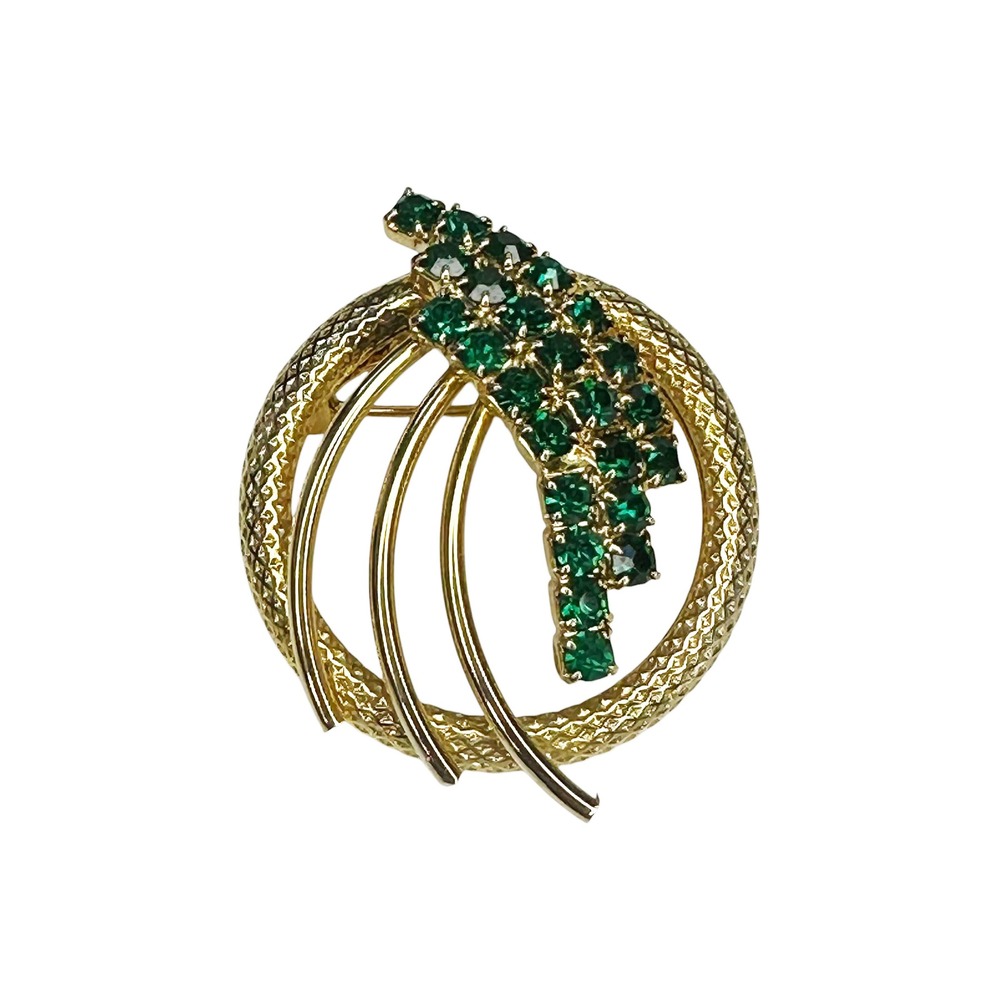 VINTAGE Circle Brooch • Emerald green crystals,‎ gold tone